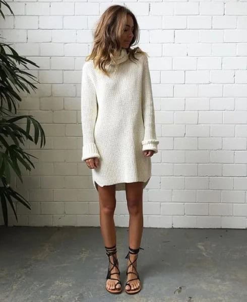 White Ribbed Sweater Dress with Black Gladiator Flat Sandals