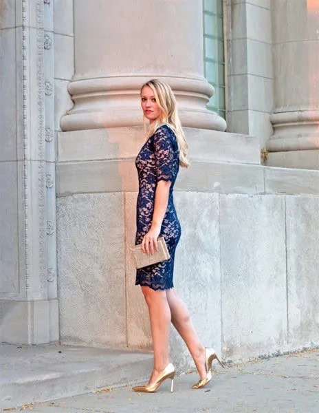 Navy Lace Dress with Pale Pink Clutch Bag