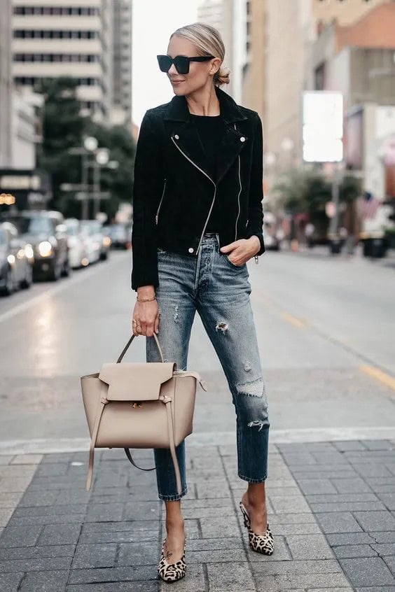 Black Biker Jacket & Animal Print Shoes