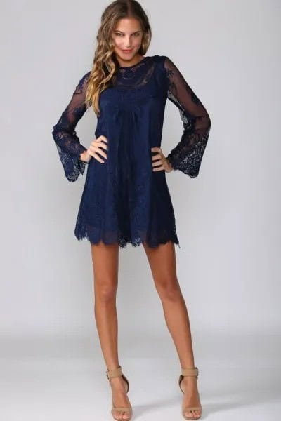 Navy Scalloped Hem Bell Sleeve Mini Lace Shift Dress