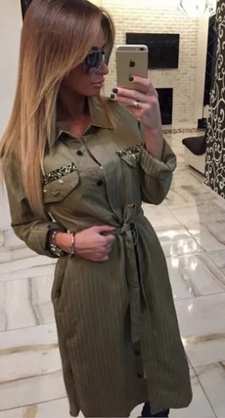 Green Tie Waist Button Up Khaki Dress