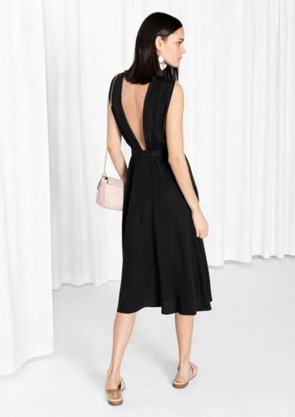 Black Low Back Linen Flare Dress