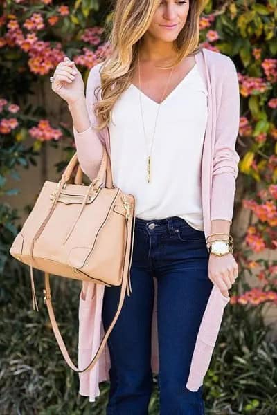 White V Neck Fitted T Shirt with Pale Pink Longline Cardigan