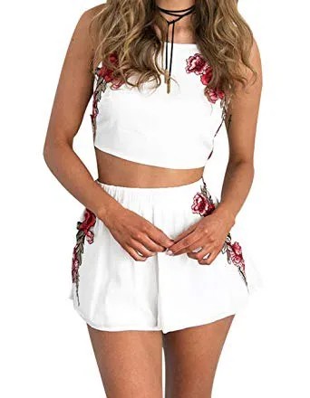 White Crop Top with Floral Printed Matching Flowy Mini Shorts