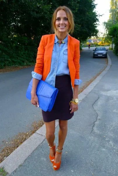 Orange Blazer with Blue Chambray Shirt & Black Mini Skirt