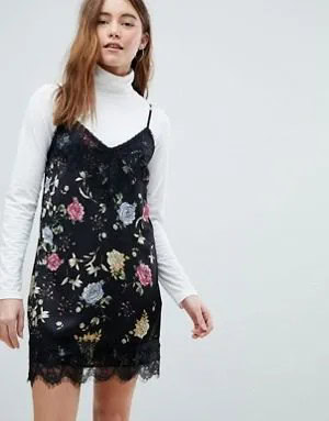 Black Floral Scalloped Hem Dress with White Turtleneck Sweater