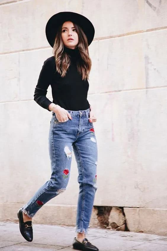 Embroidered Jeans and Black Turtleneck