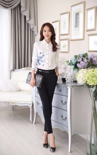 White Floral Embroidered Slim Fit Shirt with Skinny Chinos