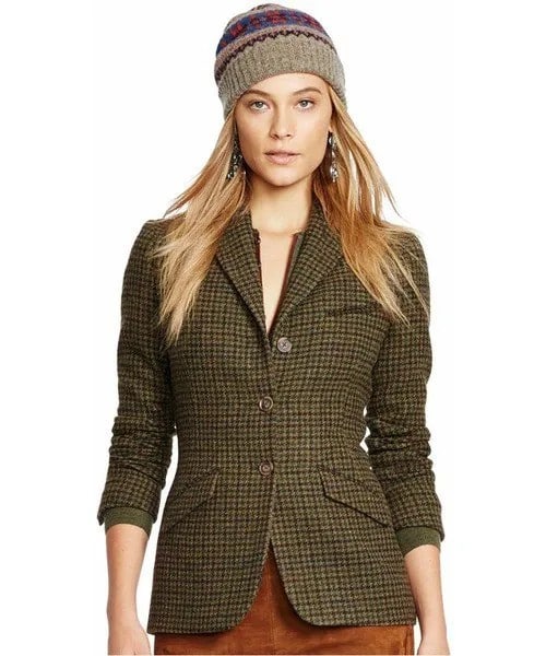 Grey Tweed Slim Fit Golf Jacket with Green Velvet Mini Skirt