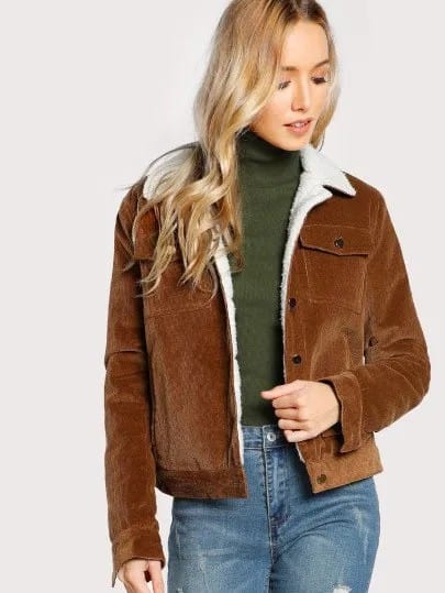 Brown Sherpa Lined Jacket with Green Turtleneck Sweater & Jeans