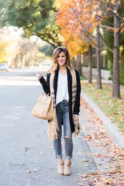 Black Cardigan with White Vest Top & Camel Fringe Scarf