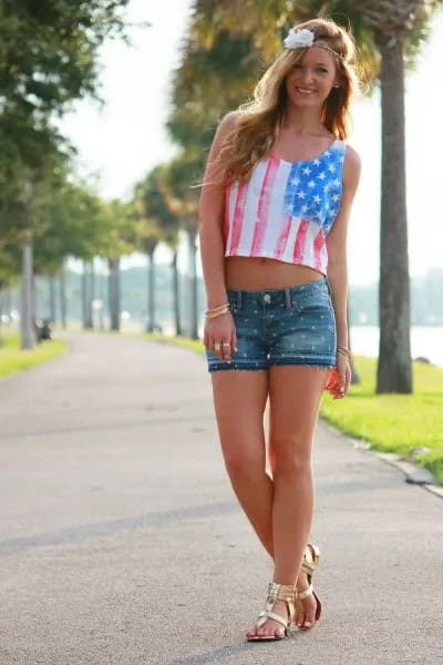 American Flag Printed Cropped Tank Top with Denim Shorts & Gold Sandals