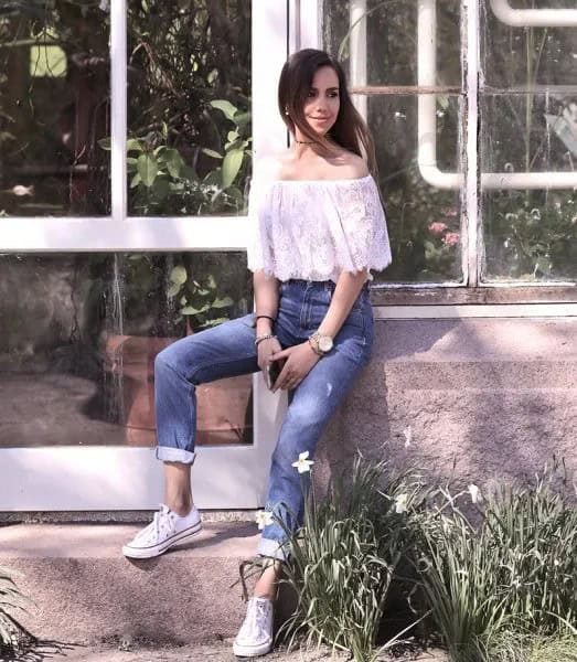 White Off The Shoulder Lace Top with Cuffed Jeans & Sneakers