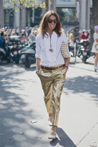 White Ruffle Neckline Blouse with Gold Metallic Pants