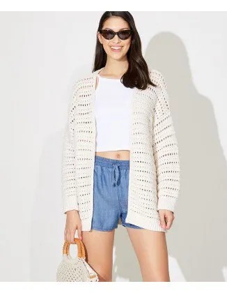 White Oversized Crochet Cardigan with Cropped Tee & Blue Elastic Waist Shorts