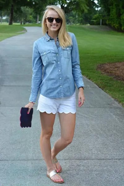 Chambray Shirt with White Scalloped Shorts