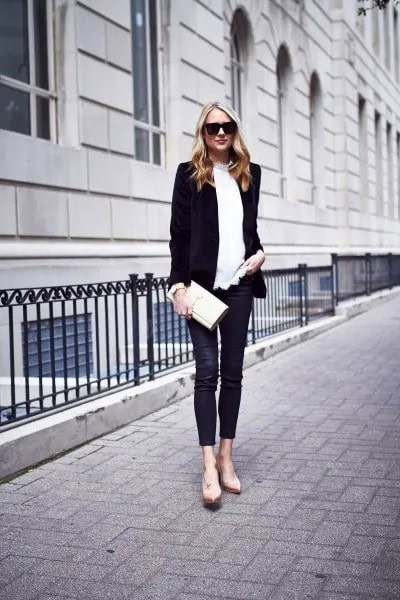 Black Blazer with White Sweater & Velvet Leggings