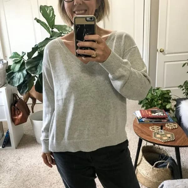 Grey V Neck Cotton Sweater with Black Straight Leg Jeans