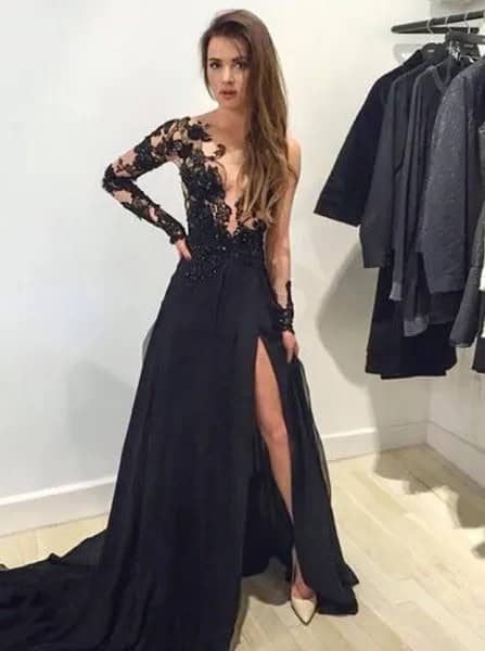 Black Lace One Sleeve Deep V Neck Evening Gown Dress