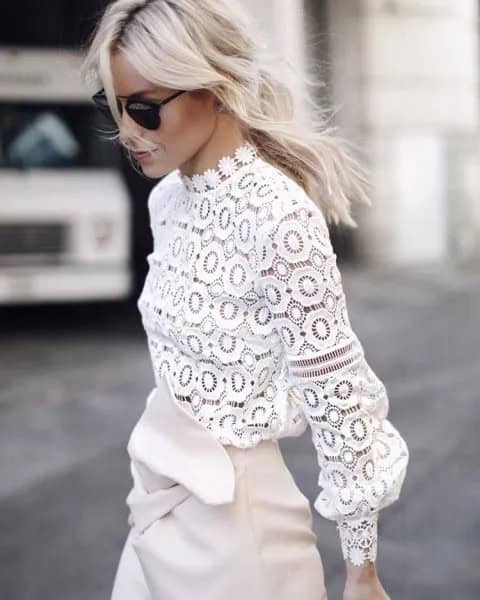 White Crochet Lace Mock Neck Long Sleeve Top with Mini Skirt