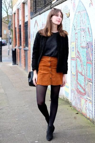 Black Teddy Coat with Camel Button Front Mini Skirt