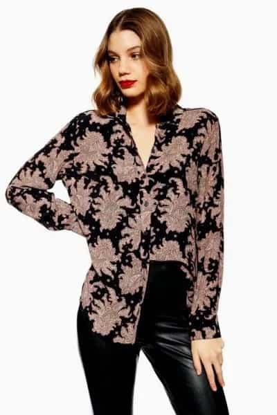 Black and Blush Print Shirt with Leather Leggings