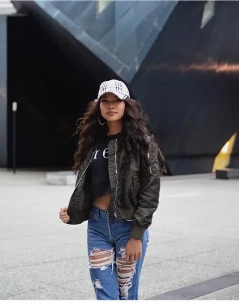 Black Cropped T Shirt with Olive Bomber Jacket & Ripped Boyfriend Jeans