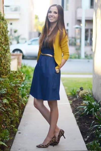 Yellow Bolero Sweater with Blue Belted Flared Mini Dress