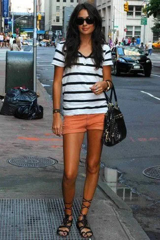 Black and White Striped T Shirt with Mini Orange Shorts