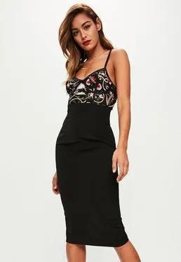 Black Printed Bodycon Midi Dress