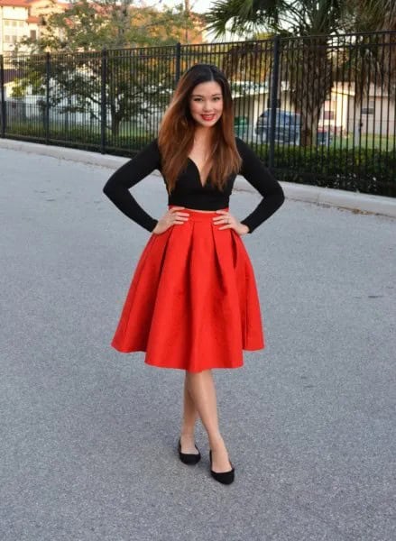 Black Long Sleeve Sweatheart Top with Red Flared Pleated Skirt