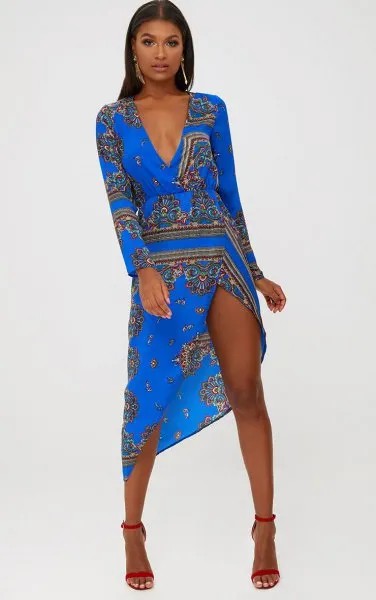 Blue and Black Tribal Printed Gathered Waist Midi High Split Dress