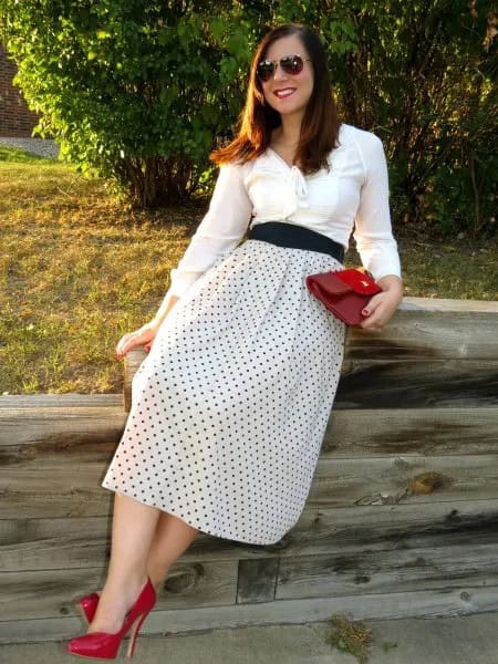 White Midi Skirt with Red Dots