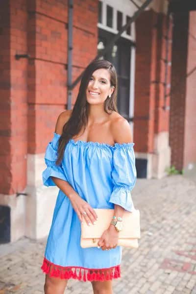 Sky Blue Off the Shoulder Puff Sleeve Tassel Dress