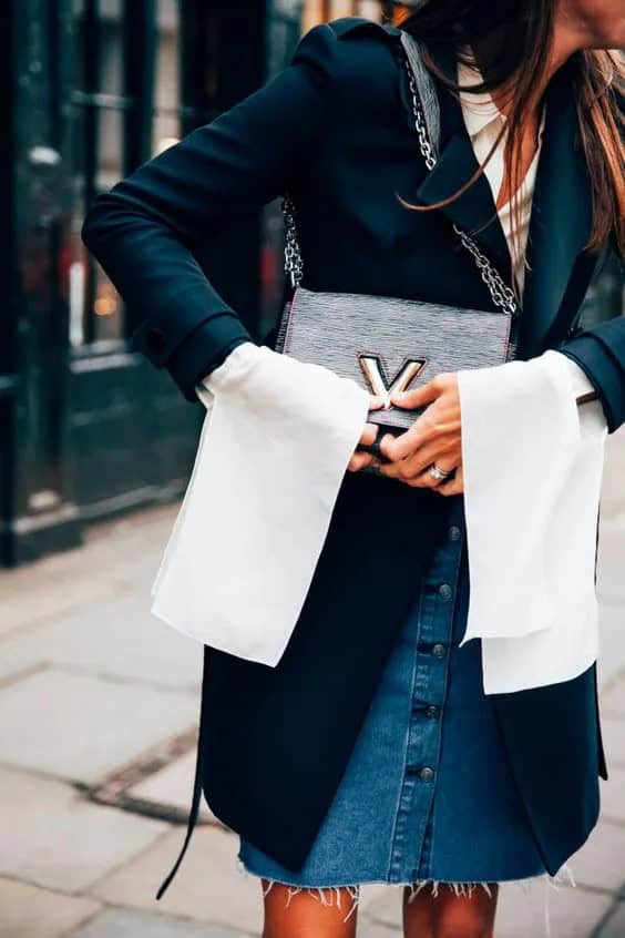 Long or Short Black Coat + Denim Skirt