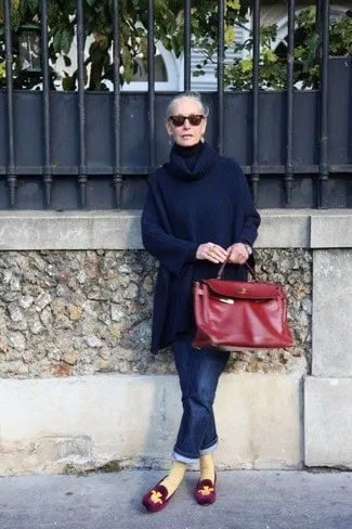 Black Long Turtleneck Knit Sweater with Cuffed Jeans & Embroidered Loafers