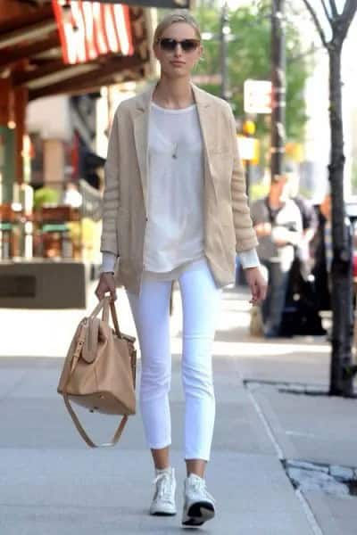 Blush Pink Blazer with White Tank Top & Sneakers