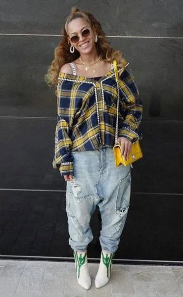 Off the Shoulder Yellow Plaid Shirt with Boyfriend Jeans