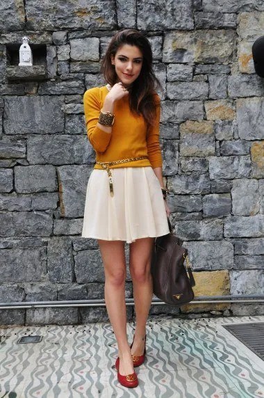 Wear with Orange Fitted Knit Sweater & White Mini Skater Skirt