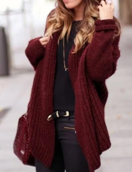 Chunky Maroon Sweater Cardigan with Black Tee & Leather Moto Pants