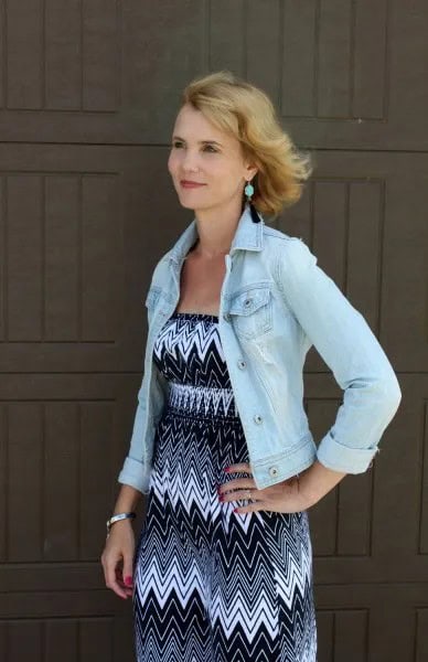 Light Blue Denim Jacket with Tribal Printed Dress