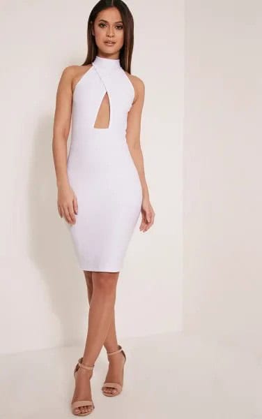 White Criss Cross Front Keyhole Bodycon Dress