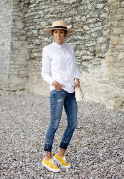 White Button Up shirt with cuffed Jeans & Yellow Sneakers