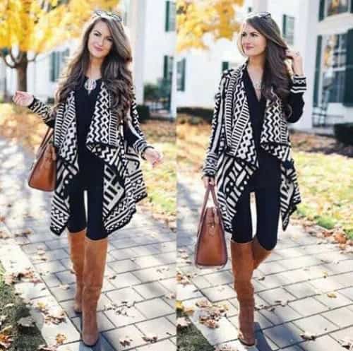 Black and White Tribal Printed Long Cashmere Waterfall Cardigan