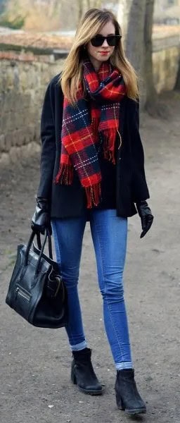 Navy and Red Tartan Scarf with Black Wool Coat