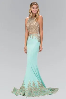 Gold and Mint Green Sleeveless Mermaid Floor Length Dress