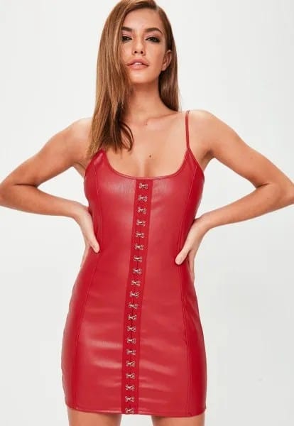 Spaghetti Strap Lace Up Leather Mini Dress