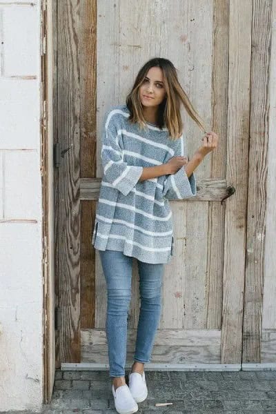 Striped Chunky Sweater with Grey Stretch Jeans