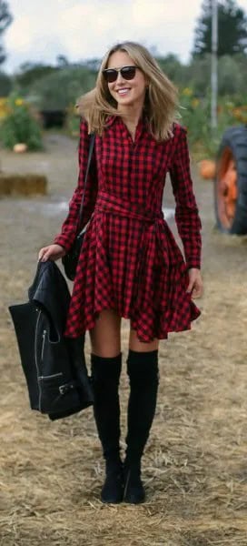 Red Plaid Flare Shirt Dress with Thigh High Boots