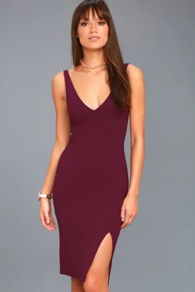 Dark Purple Side Slit Midi Deep V Neck Bodycon Dress